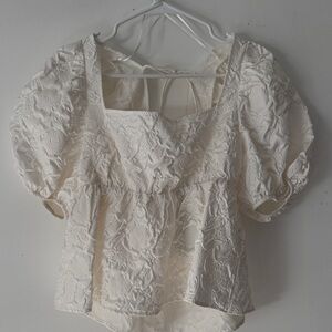 H&M Cream Textured Puff-Sleeve Peplum Top